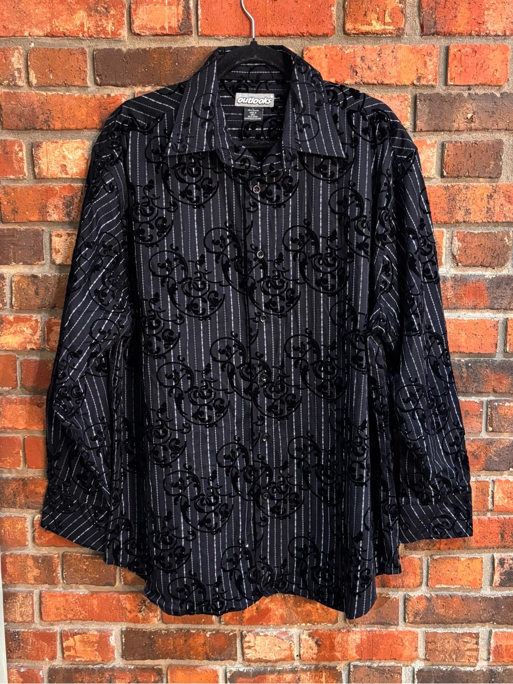 Outlooks mens vintage velvet burnout pinstripe button down shirt black L